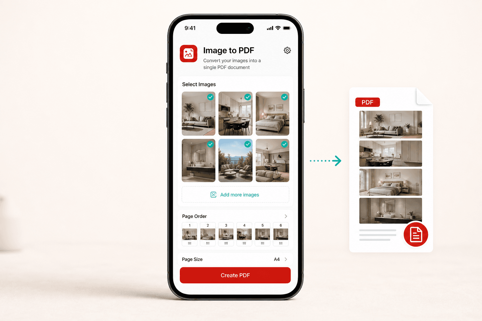 Image to PDF mobile app preview showing selected photos converted into a PDF document