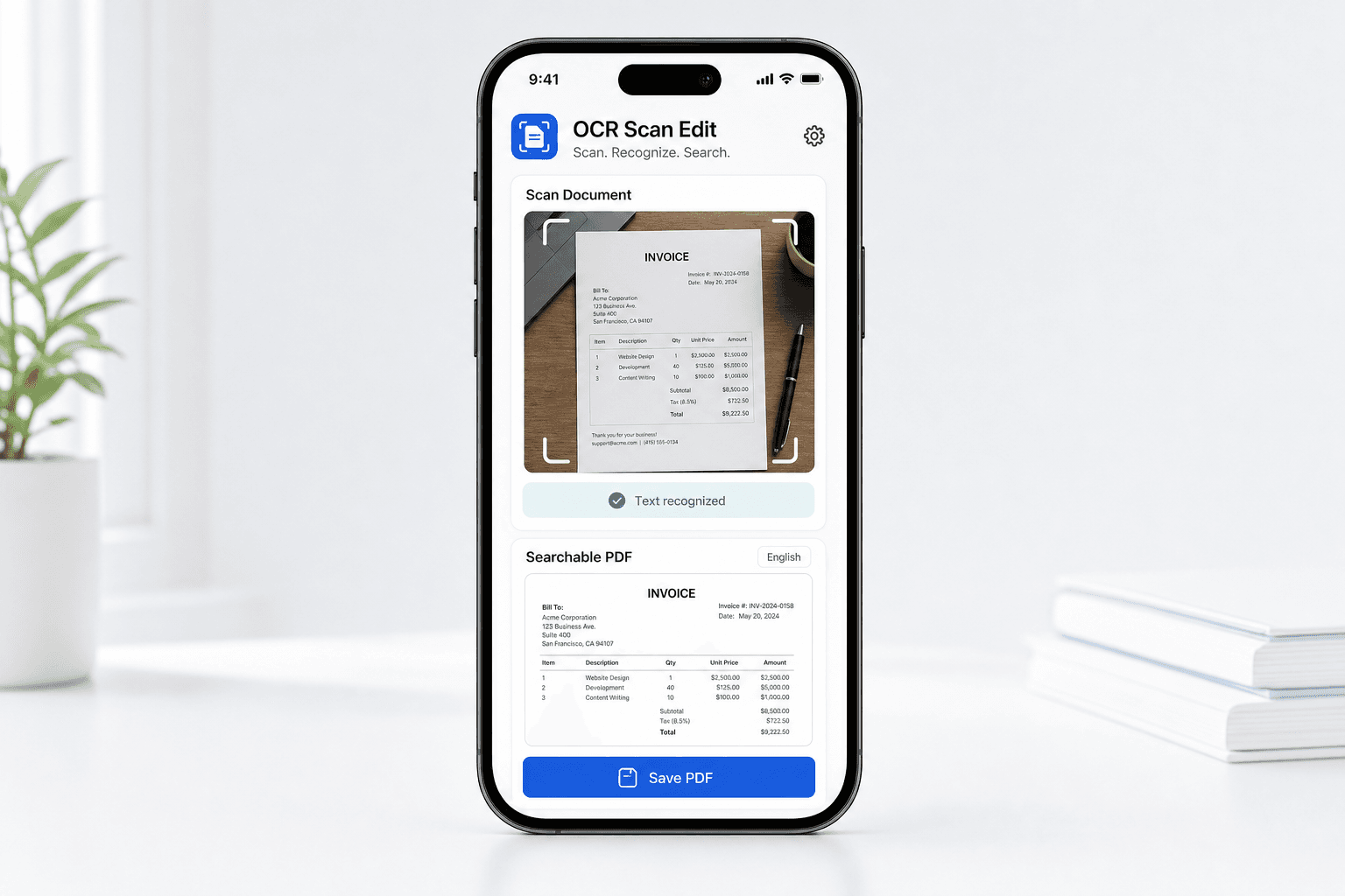 OCR Scan Edit mobile app preview showing a scanned invoice converted into a searchable PDF